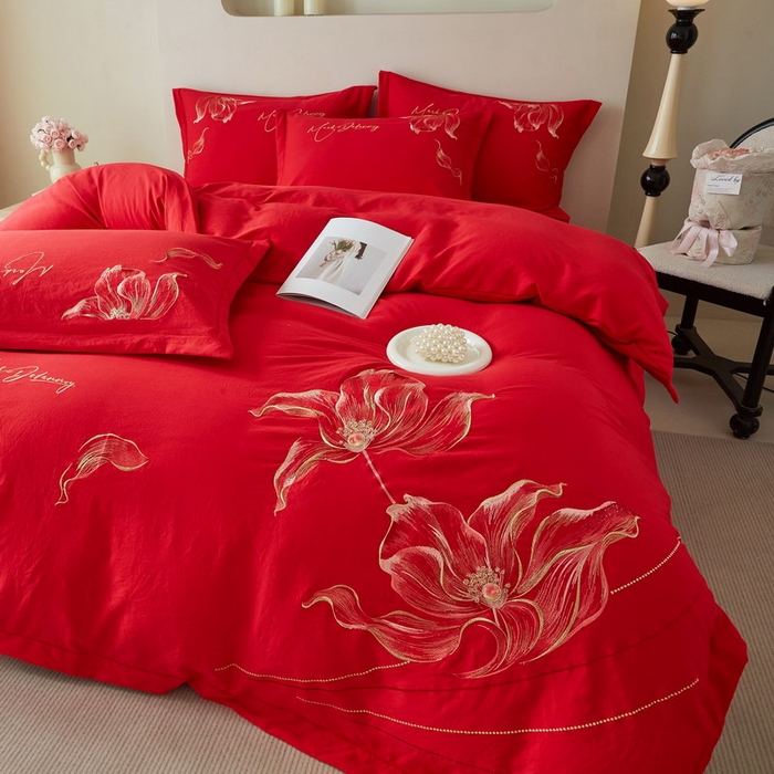 91家纺网 家纺一手货源 找家纺 金纱玉纺家纺 2026新款轻奢工艺绣花四件套（提供买家秀） 绚丽-大红