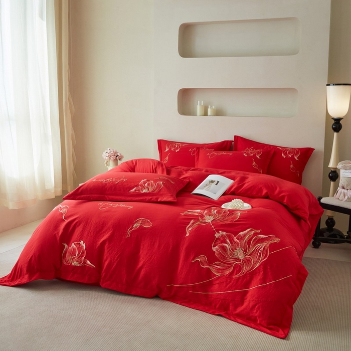 91家纺网 家纺一手货源 找家纺 金纱玉纺家纺 2026新款轻奢工艺绣花四件套（提供买家秀） 绚丽-大红