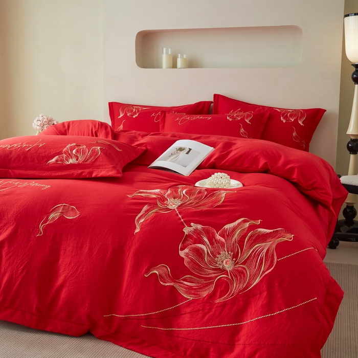 91家纺网 家纺一手货源 找家纺 金纱玉纺家纺 2026新款轻奢工艺绣花四件套（提供买家秀） 绚丽-大红