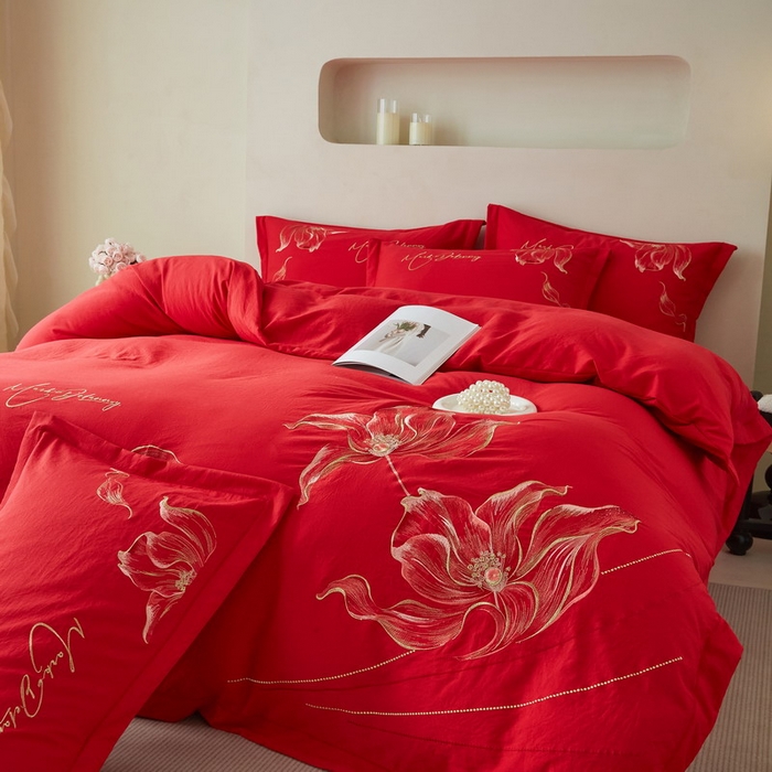 91家纺网 家纺一手货源 找家纺 金纱玉纺家纺 2026新款轻奢工艺绣花四件套（提供买家秀） 绚丽-大红