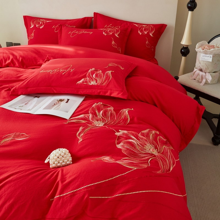 91家纺网 家纺一手货源 找家纺 金纱玉纺家纺 2026新款轻奢工艺绣花四件套（提供买家秀） 绚丽-大红