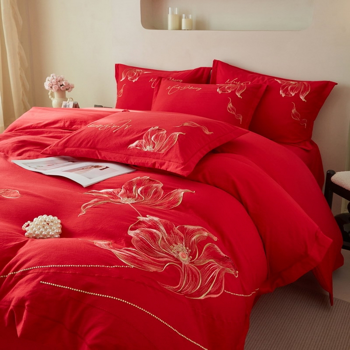91家纺网 家纺一手货源 找家纺 金纱玉纺家纺 2026新款轻奢工艺绣花四件套（提供买家秀） 绚丽-大红