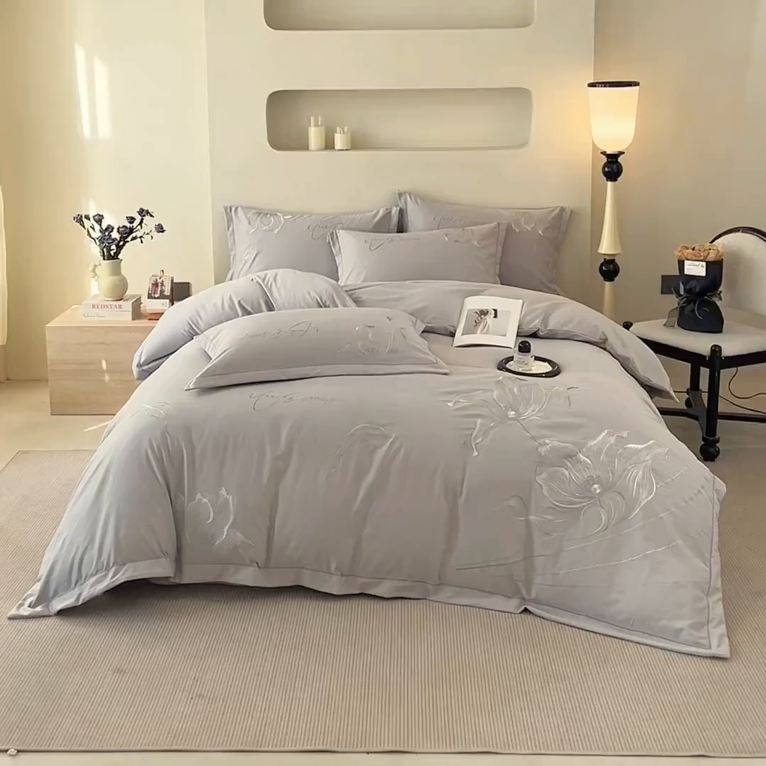 91家纺网 家纺一手货源 找家纺 金纱玉纺家纺 2026新款轻奢工艺绣花四件套（提供买家秀） 绚丽-灰