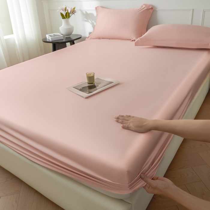 91家纺网 家纺一手货源 找家纺 涵宸家纺 2026新款纯色天丝棉单床笠-场景一 床笠-玫瑰粉