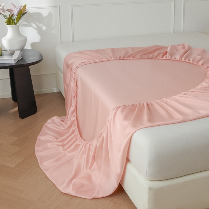 91家纺网 家纺一手货源 找家纺 涵宸家纺 2026新款纯色天丝棉单床笠-场景一 床笠-玫瑰粉