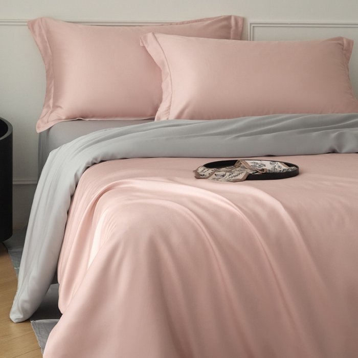 91家纺网 家纺一手货源 找家纺 涵宸家纺 2026新款纯色天丝棉单被套-场景一 玫瑰粉+时尚灰