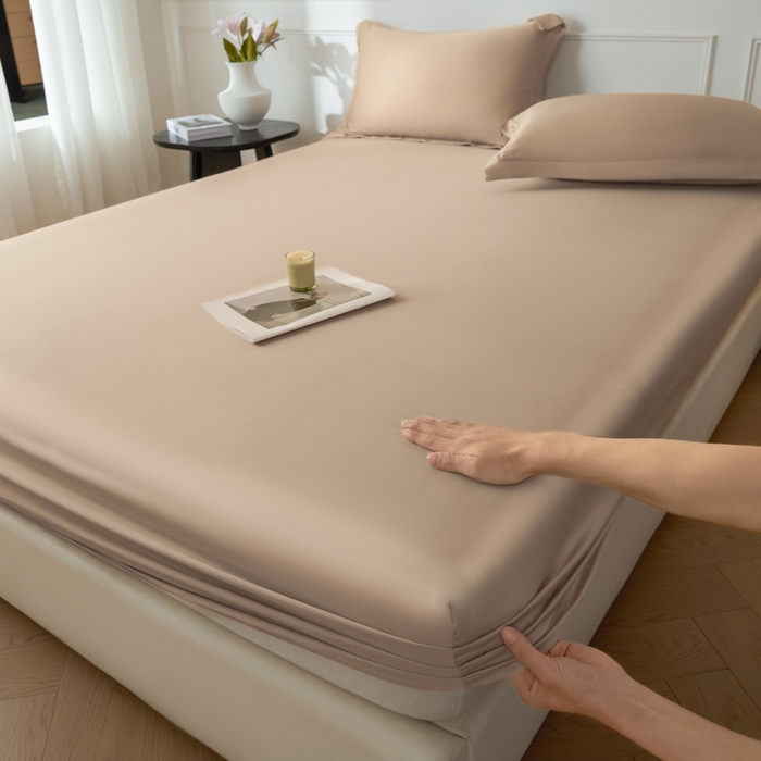 91家纺网 家纺一手货源 找家纺 涵宸家纺 2026新款纯色天丝棉单床笠-场景一 床笠-奶茶杏