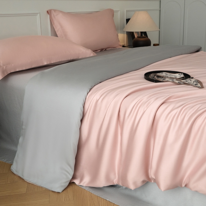 91家纺网 家纺一手货源 找家纺 涵宸家纺 2026新款纯色天丝棉单被套-场景一 玫瑰粉+时尚灰