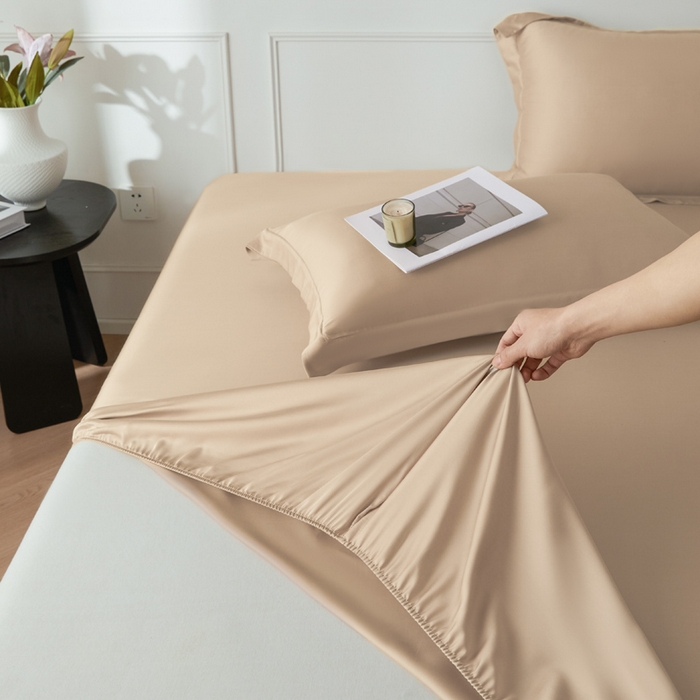 91家纺网 家纺一手货源 找家纺 涵宸家纺 2026新款纯色天丝棉单床笠-场景一 床笠-奶茶杏