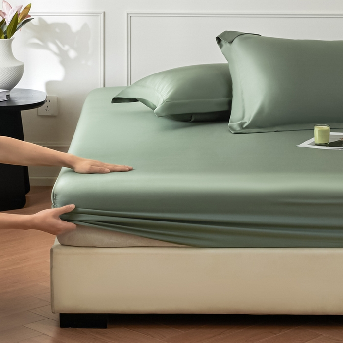 91家纺网 家纺一手货源 找家纺 涵宸家纺 2026新款纯色天丝棉单床笠-场景一 床笠-赛琳绿