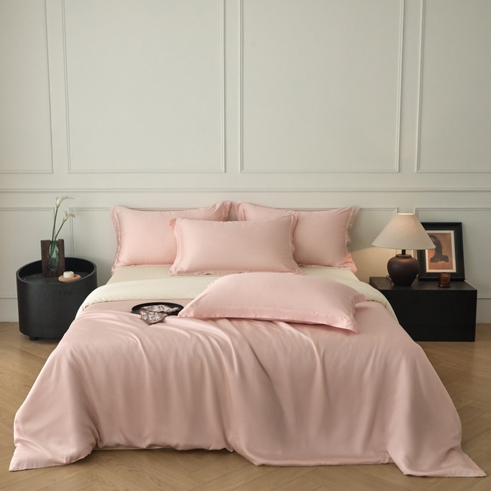 91家纺网 家纺一手货源 找家纺 涵宸家纺 2026新款纯色天丝棉单被套-场景一 玫瑰粉+象牙白