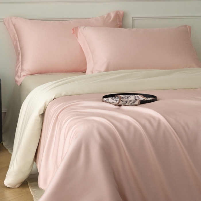 91家纺网 家纺一手货源 找家纺 涵宸家纺 2026新款纯色天丝棉四件套-场景一 玫瑰粉+象牙白