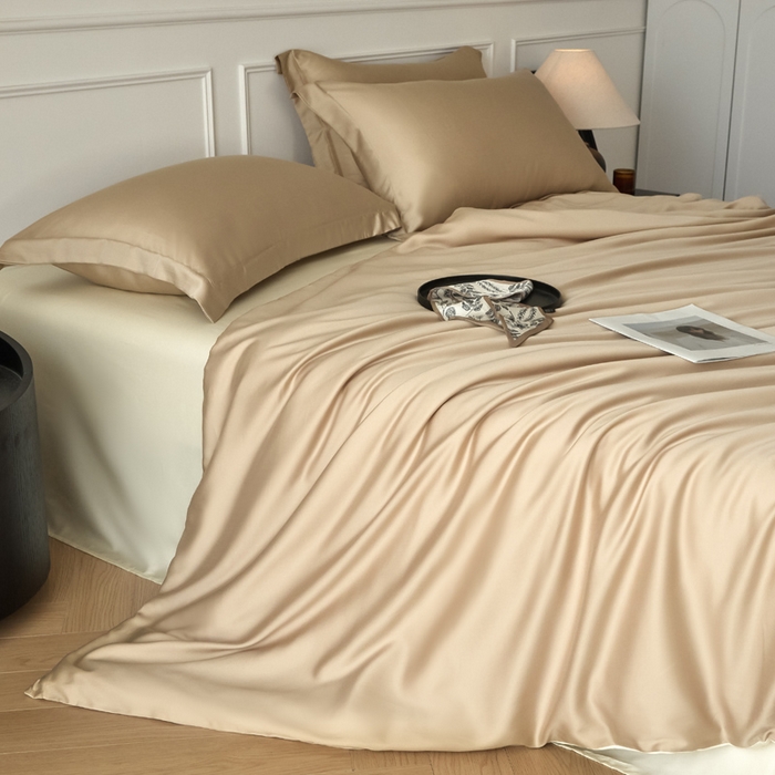 91家纺网 家纺一手货源 找家纺 涵宸家纺 2026新款纯色天丝棉单被套-场景一 奶茶杏+象牙白