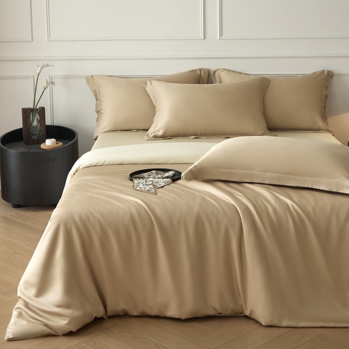 91家纺网 家纺一手货源 找家纺 涵宸家纺 2026新款纯色天丝棉单被套-场景一 奶茶杏+象牙白