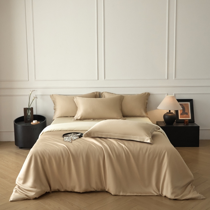 91家纺网 家纺一手货源 找家纺 涵宸家纺 2026新款纯色天丝棉四件套-场景一 奶茶杏+象牙白