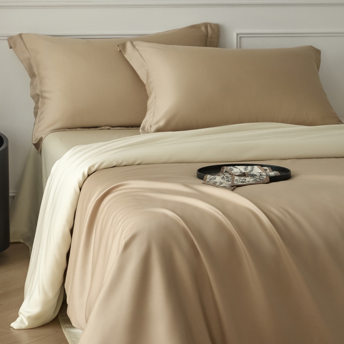 91家纺网 家纺一手货源 找家纺 涵宸家纺 2026新款纯色天丝棉四件套-场景一 奶茶杏+象牙白