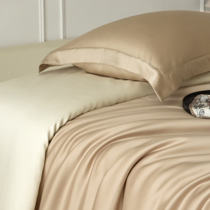 91家纺网 家纺一手货源 找家纺 涵宸家纺 2026新款纯色天丝棉四件套-场景一 奶茶杏+象牙白