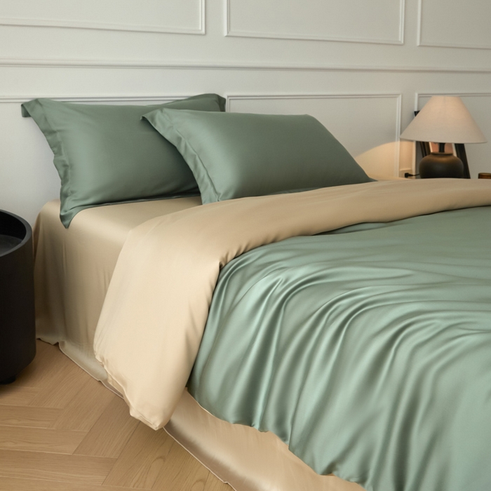 91家纺网 家纺一手货源 找家纺 涵宸家纺 2026新款纯色天丝棉单被套-场景一 赛琳绿+奶茶杏