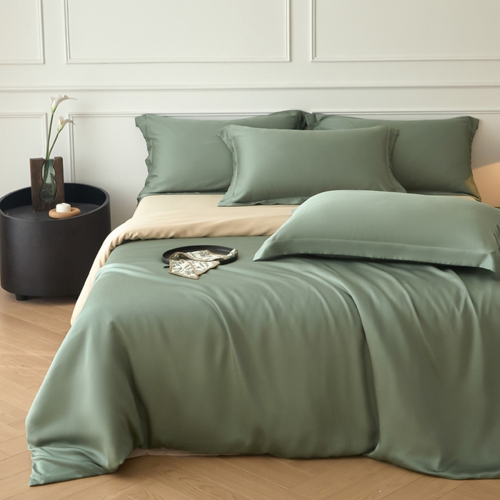 91家纺网 家纺一手货源 找家纺 涵宸家纺 2026新款纯色天丝棉四件套-场景一 赛琳绿+奶茶杏