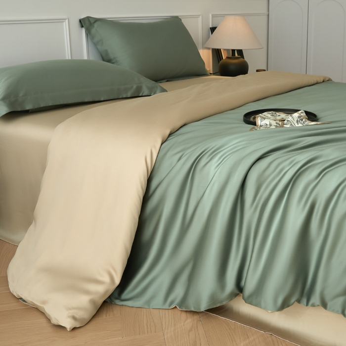 91家纺网 家纺一手货源 找家纺 涵宸家纺 2026新款纯色天丝棉单被套-场景一 赛琳绿+奶茶杏