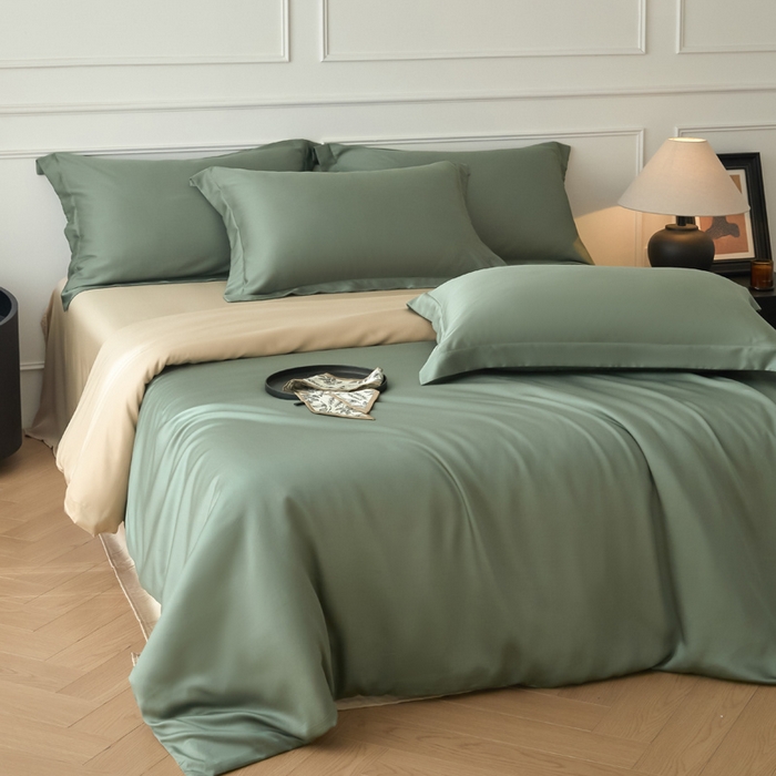 91家纺网 家纺一手货源 找家纺 涵宸家纺 2026新款纯色天丝棉四件套-场景一 赛琳绿+奶茶杏