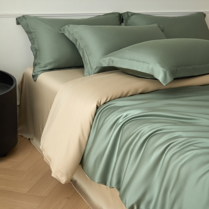 91家纺网 家纺一手货源 找家纺 涵宸家纺 2026新款纯色天丝棉四件套-场景一 赛琳绿+奶茶杏