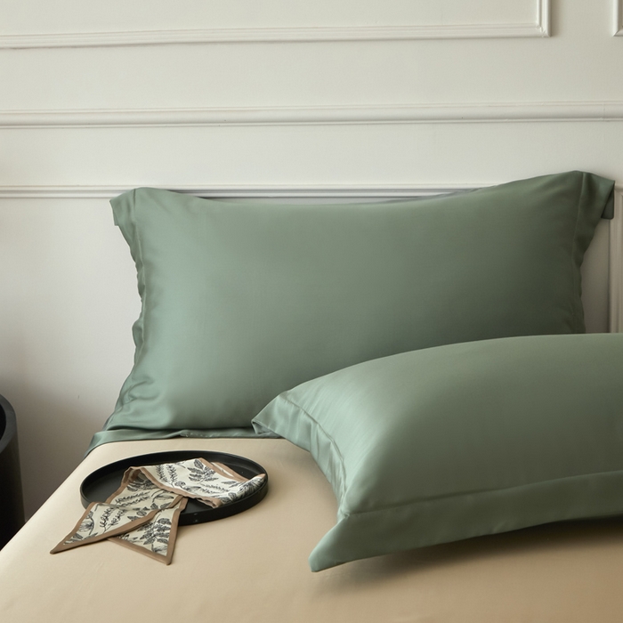 91家纺网 家纺一手货源 找家纺 涵宸家纺 2026新款纯色天丝棉单被套-场景一 赛琳绿+奶茶杏