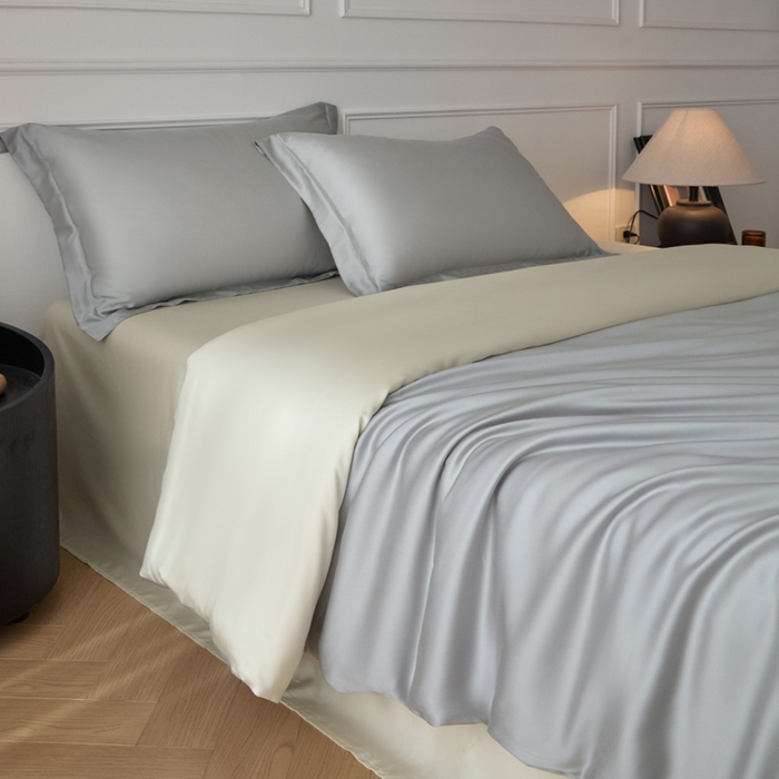 91家纺网 家纺一手货源 找家纺 涵宸家纺 2026新款纯色天丝棉四件套-场景一 时尚灰+象牙白