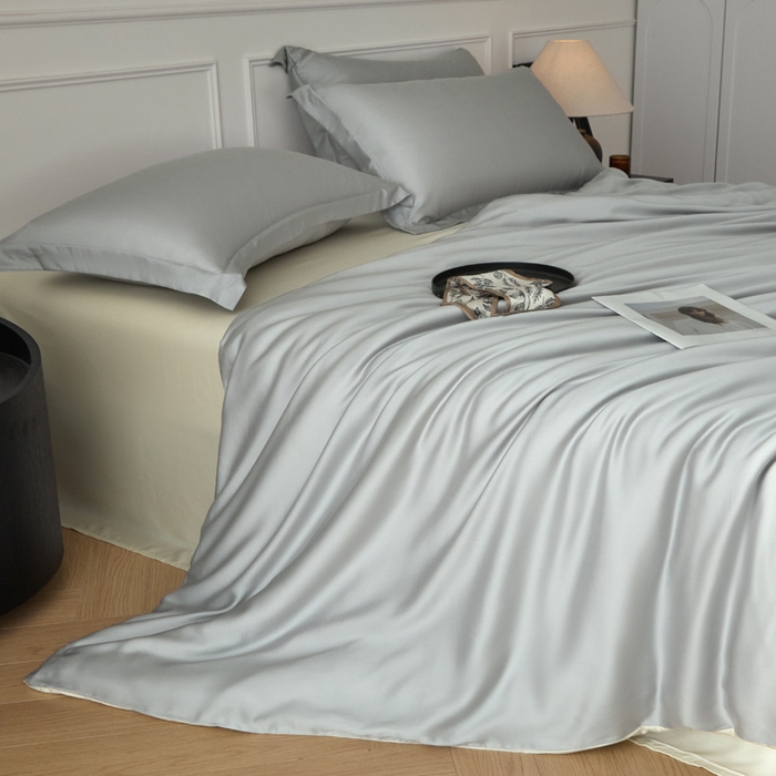 91家纺网 家纺一手货源 找家纺 涵宸家纺 2026新款纯色天丝棉单被套-场景一 时尚灰+象牙白