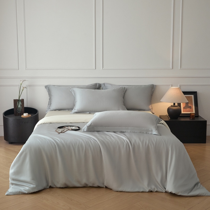 91家纺网 家纺一手货源 找家纺 涵宸家纺 2026新款纯色天丝棉单被套-场景一 时尚灰+象牙白