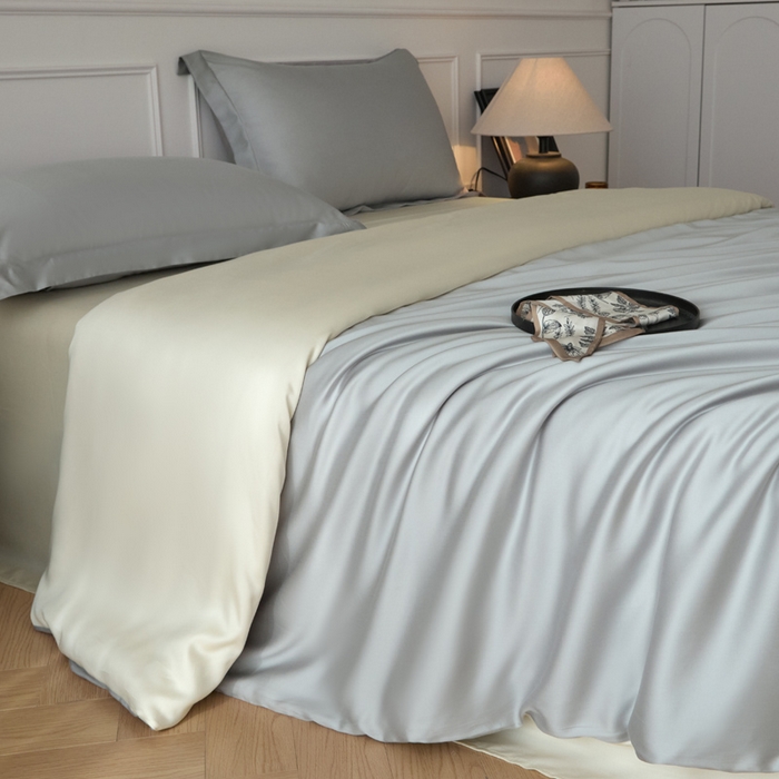 91家纺网 家纺一手货源 找家纺 涵宸家纺 2026新款纯色天丝棉四件套-场景一 时尚灰+象牙白