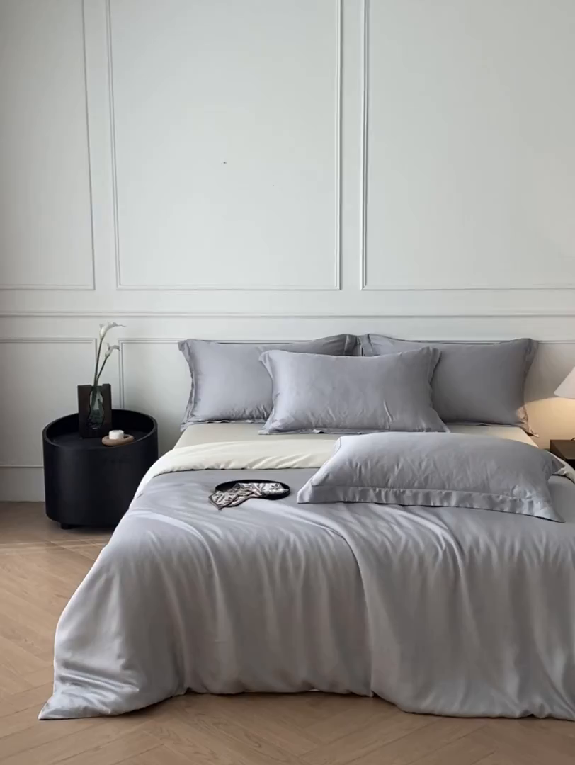 91家纺网 家纺一手货源 找家纺 涵宸家纺 2026新款纯色天丝棉四件套-场景一 时尚灰+象牙白