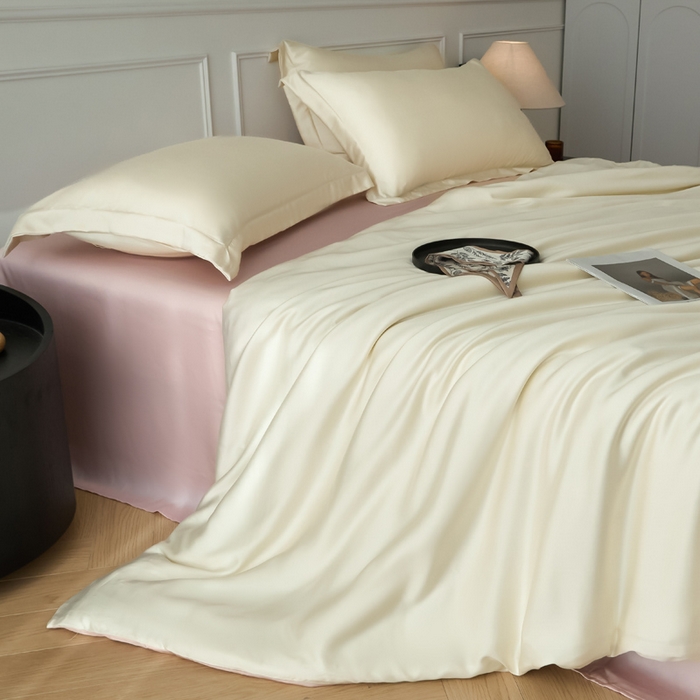 涵宸家纺 2026新款纯色天丝棉四件套-场景一 象牙白+玫瑰粉