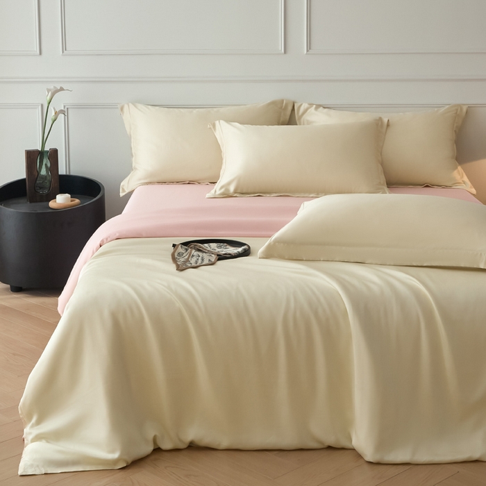 91家纺网 家纺一手货源 找家纺 涵宸家纺 2026新款纯色天丝棉单被套-场景一 象牙白+玫瑰粉