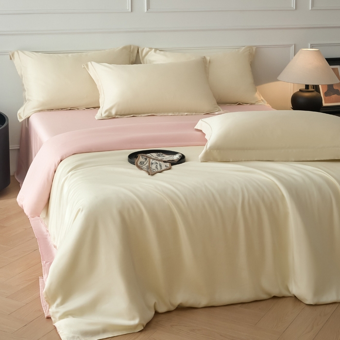 91家纺网 家纺一手货源 找家纺 涵宸家纺 2026新款纯色天丝棉单被套-场景一 象牙白+玫瑰粉