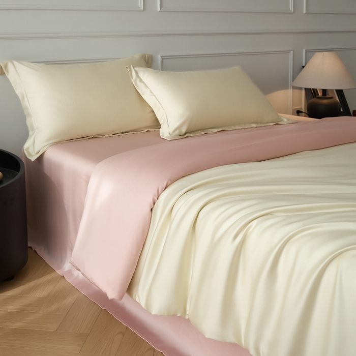 91家纺网 家纺一手货源 找家纺 涵宸家纺 2026新款纯色天丝棉单被套-场景一 象牙白+玫瑰粉