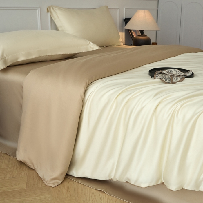 91家纺网 家纺一手货源 找家纺 涵宸家纺 2026新款纯色天丝棉四件套-场景一 象牙白+奶茶杏