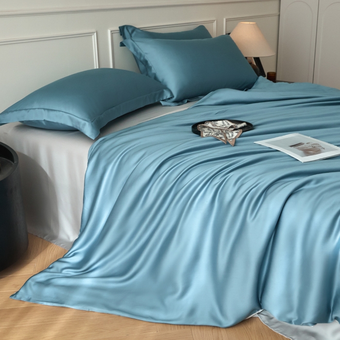 涵宸家纺 2026新款纯色天丝棉四件套-场景一 星耀兰+时尚灰