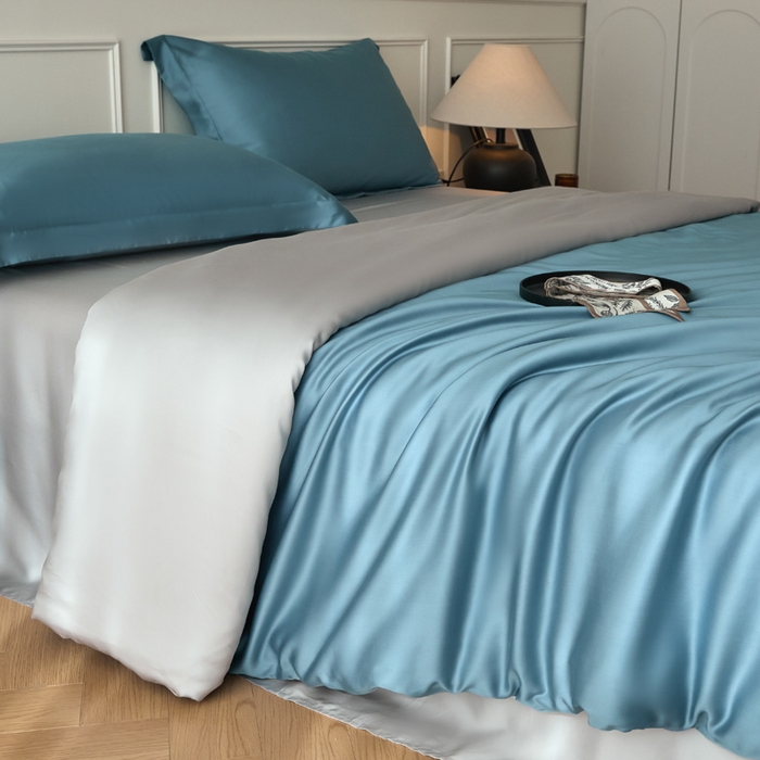 91家纺网 家纺一手货源 找家纺 涵宸家纺 2026新款纯色天丝棉单被套-场景一 星耀兰+时尚灰