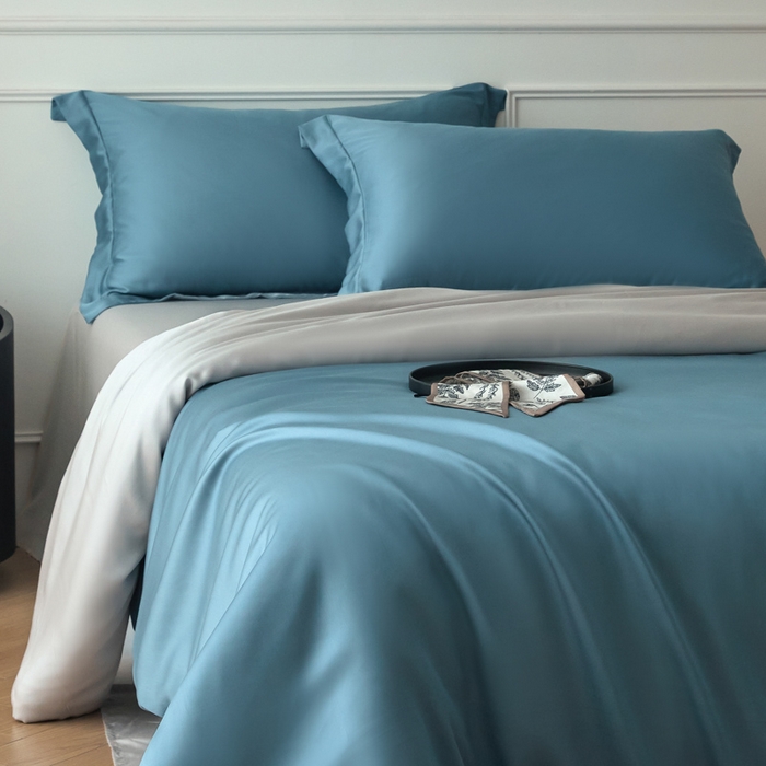 91家纺网 家纺一手货源 找家纺 涵宸家纺 2026新款纯色天丝棉四件套-场景一 星耀兰+时尚灰