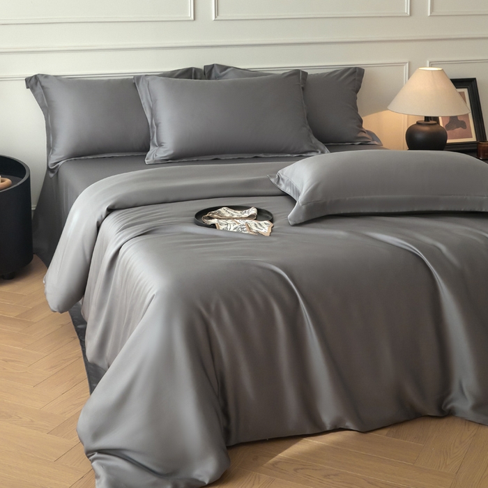 91家纺网 家纺一手货源 找家纺 涵宸家纺 2026新款纯色天丝棉四件套-场景一 星夜灰