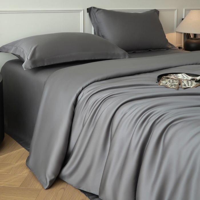 91家纺网 家纺一手货源 找家纺 涵宸家纺 2026新款纯色天丝棉四件套-场景一 星夜灰