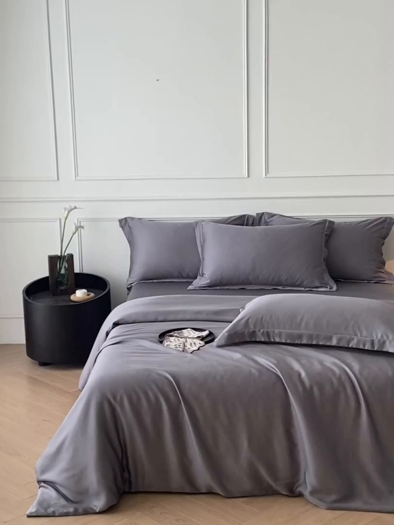 91家纺网 家纺一手货源 找家纺 涵宸家纺 2026新款纯色天丝棉四件套-场景一 星夜灰