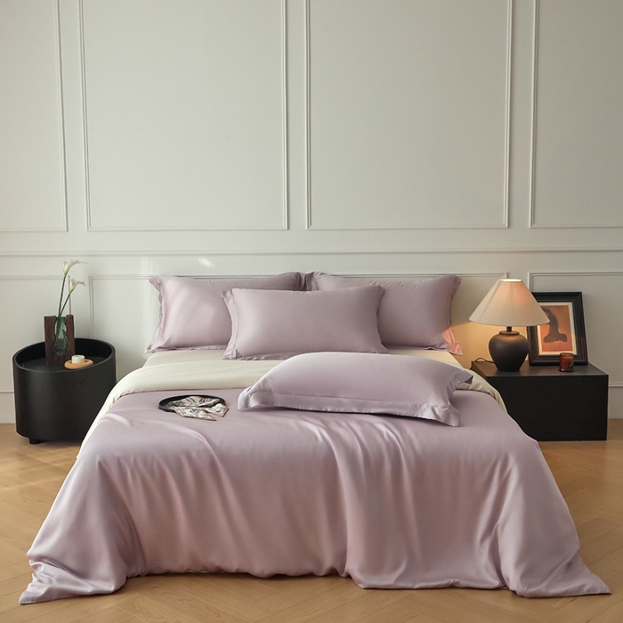 91家纺网 家纺一手货源 找家纺 涵宸家纺 2026新款纯色天丝棉四件套-场景一 紫语+象牙白