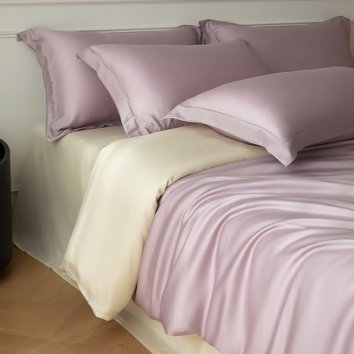 91家纺网 家纺一手货源 找家纺 涵宸家纺 2026新款纯色天丝棉四件套-场景一 紫语+象牙白