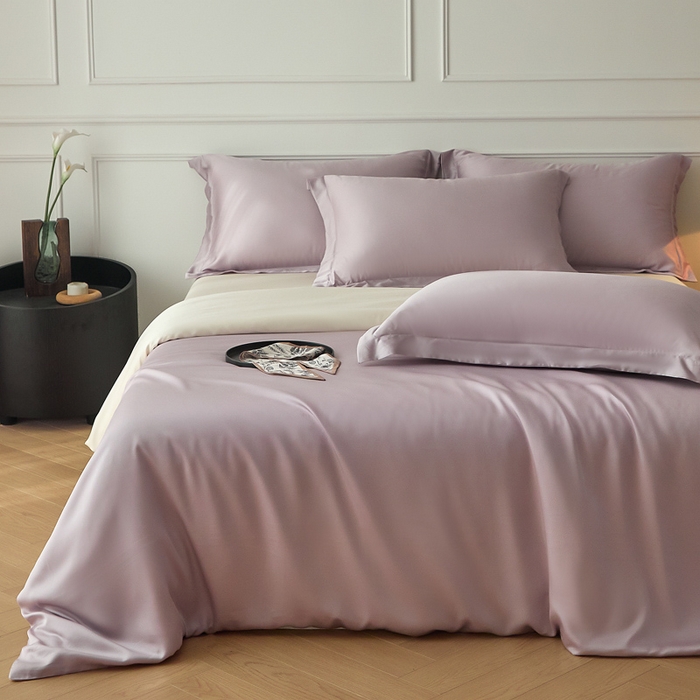 91家纺网 家纺一手货源 找家纺 涵宸家纺 2026新款纯色天丝棉单被套-场景一 紫语+象牙白