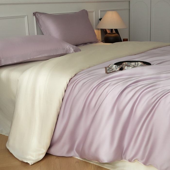 91家纺网 家纺一手货源 找家纺 涵宸家纺 2026新款纯色天丝棉四件套-场景一 紫语+象牙白