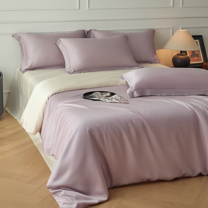 91家纺网 家纺一手货源 找家纺 涵宸家纺 2026新款纯色天丝棉单被套-场景一 紫语+象牙白