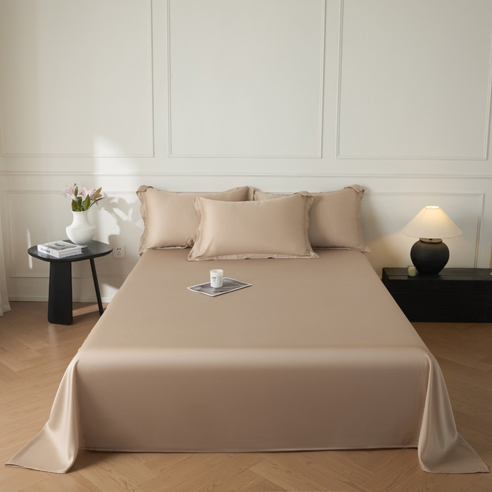 91家纺网 家纺一手货源 找家纺 涵宸家纺 2026新款纯色天丝棉单床单-场景一 床单-奶茶杏