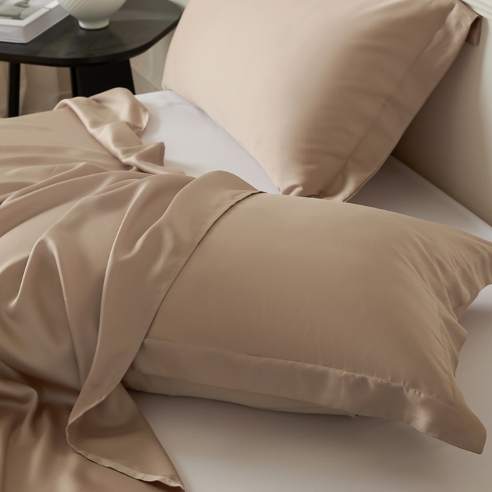 91家纺网 家纺一手货源 找家纺 涵宸家纺 2026新款纯色天丝棉单床单-场景一 床单-奶茶杏